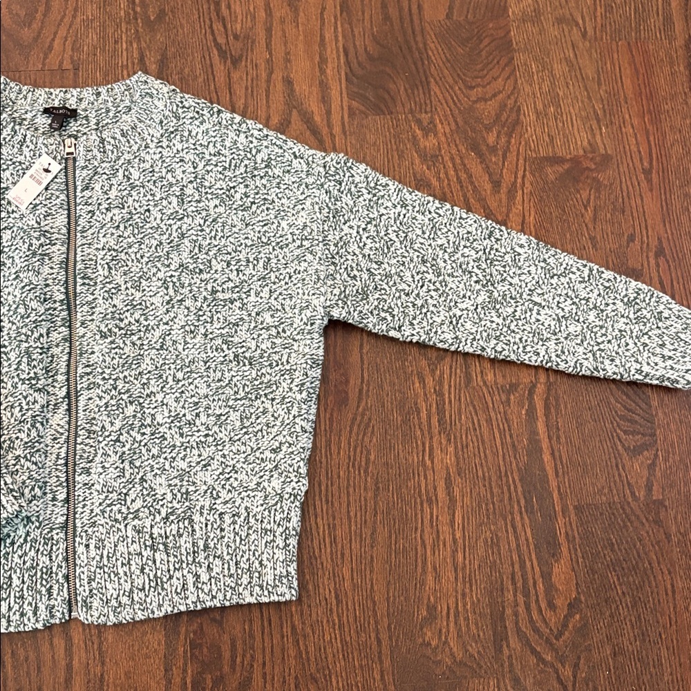 NWT Talbots Forest Green and White Knit Sweater Zipper Front Large - Picture 3 of 9